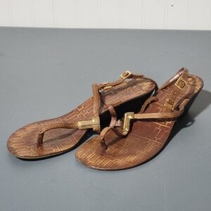 Tory Burch Pauline T-Strap Brown Leather & Gold Tone Wedge Sandals Size 9.5